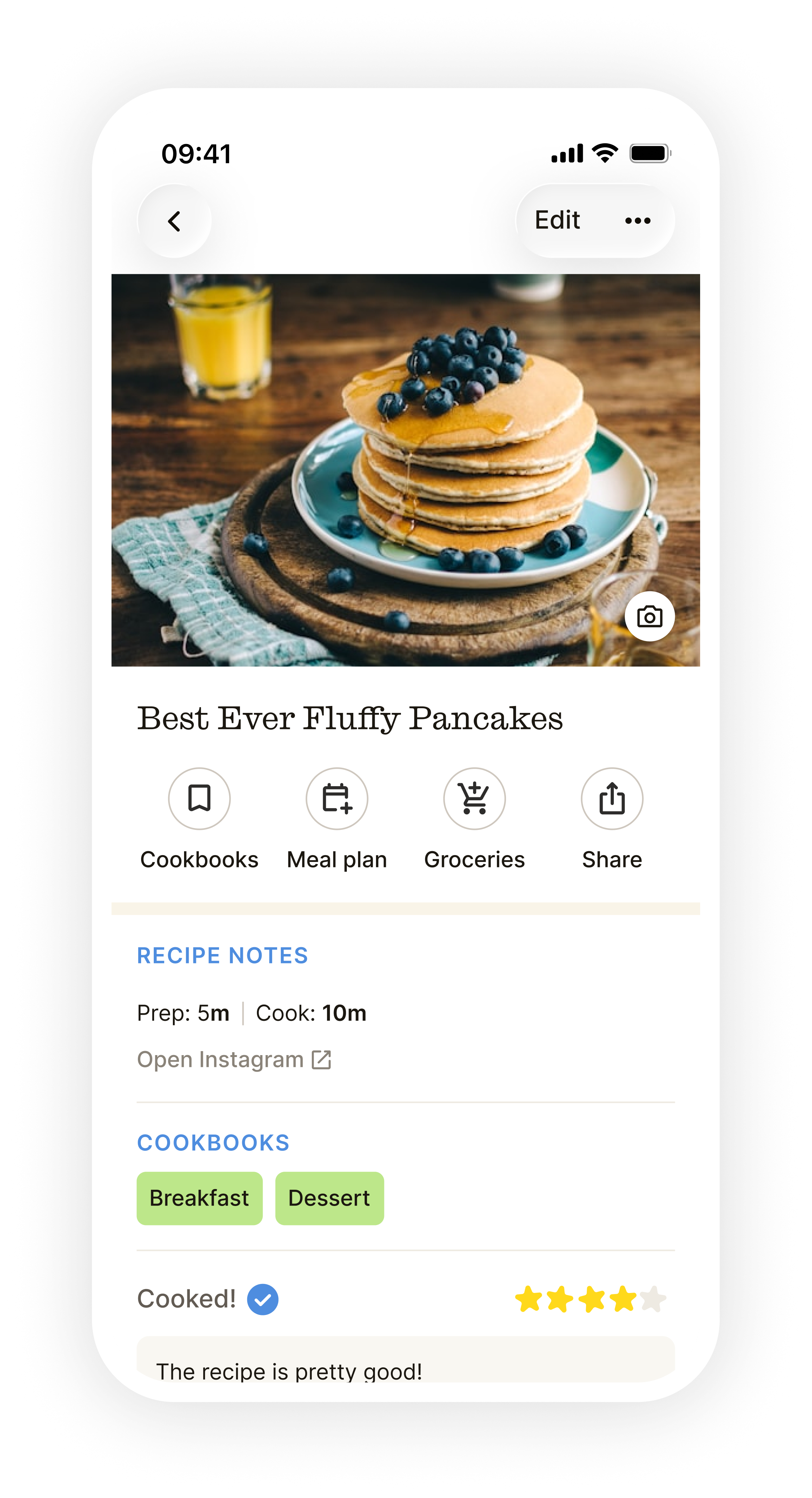 The ReciMe app showing a Best Ever Fluffy Pancakes recipe