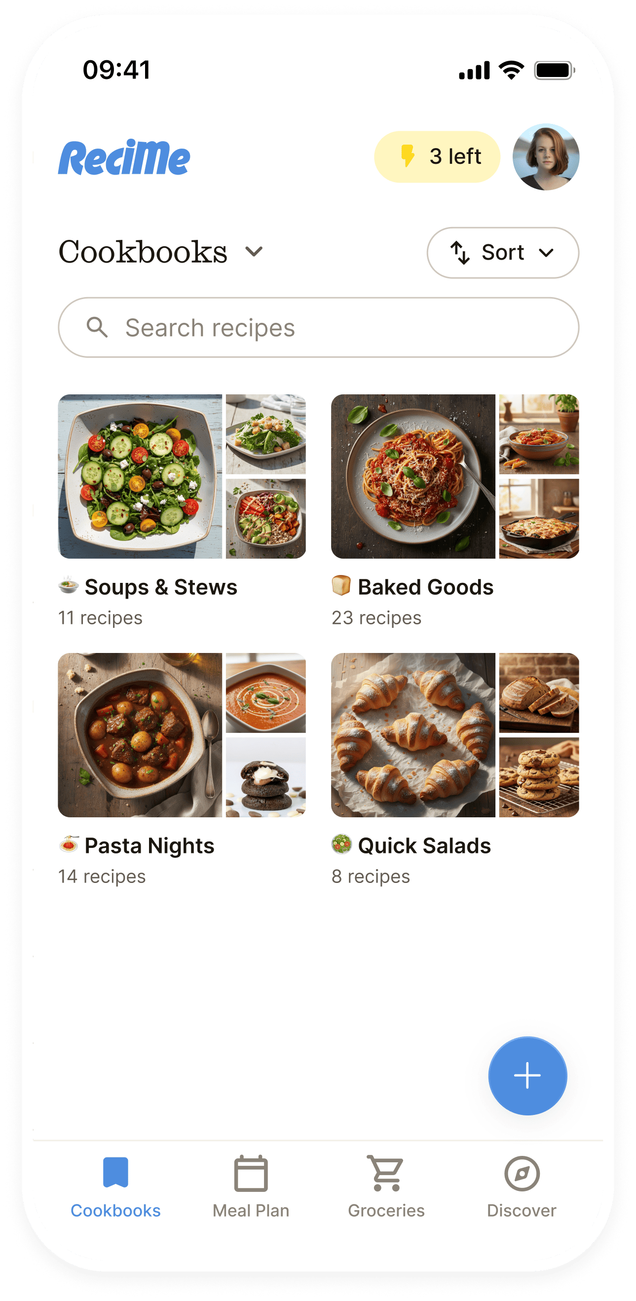 The ReciMe app showing a set of personal cookbooks
