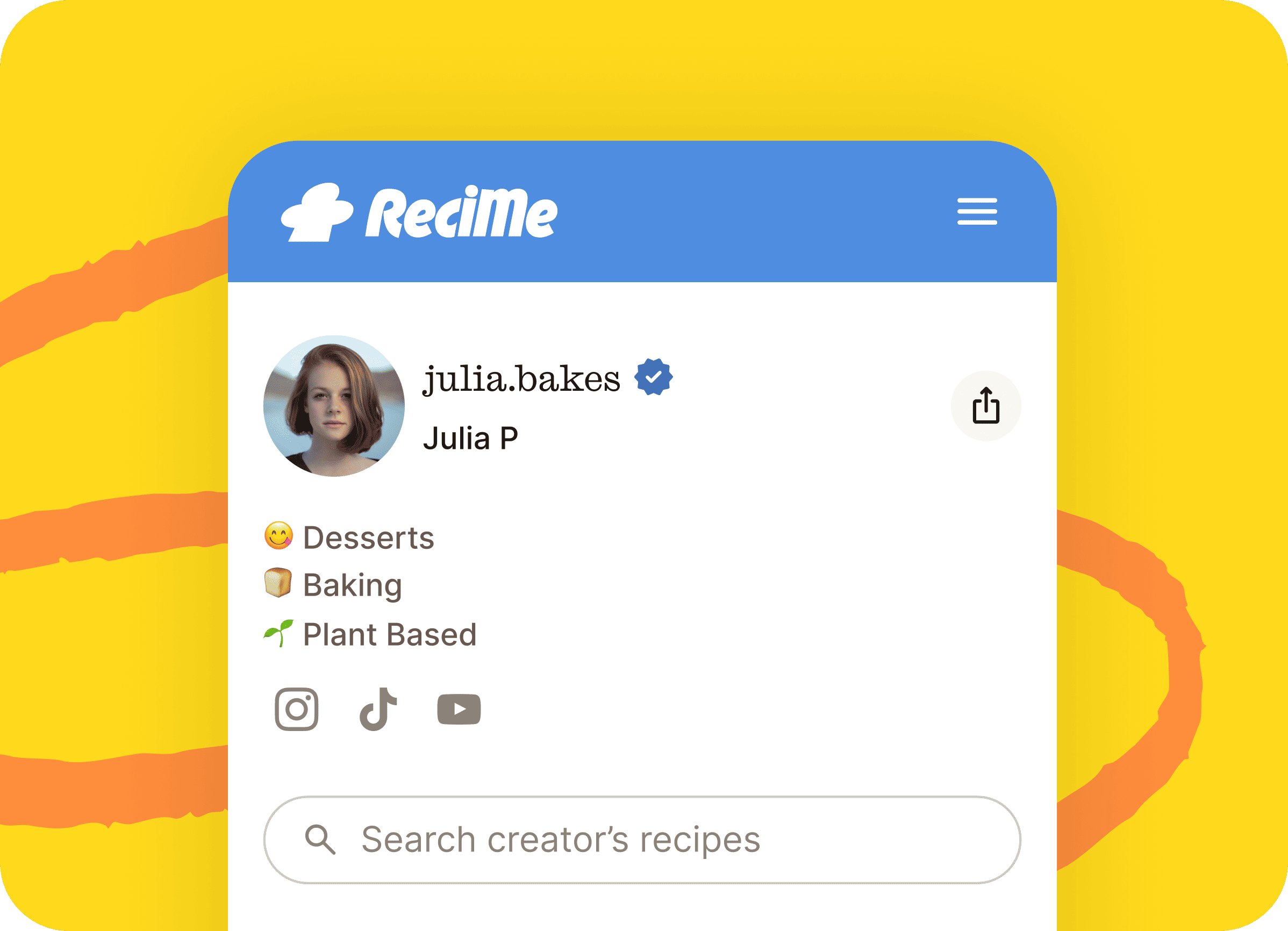 A creator profile page with cookbooks and a recipe search bar