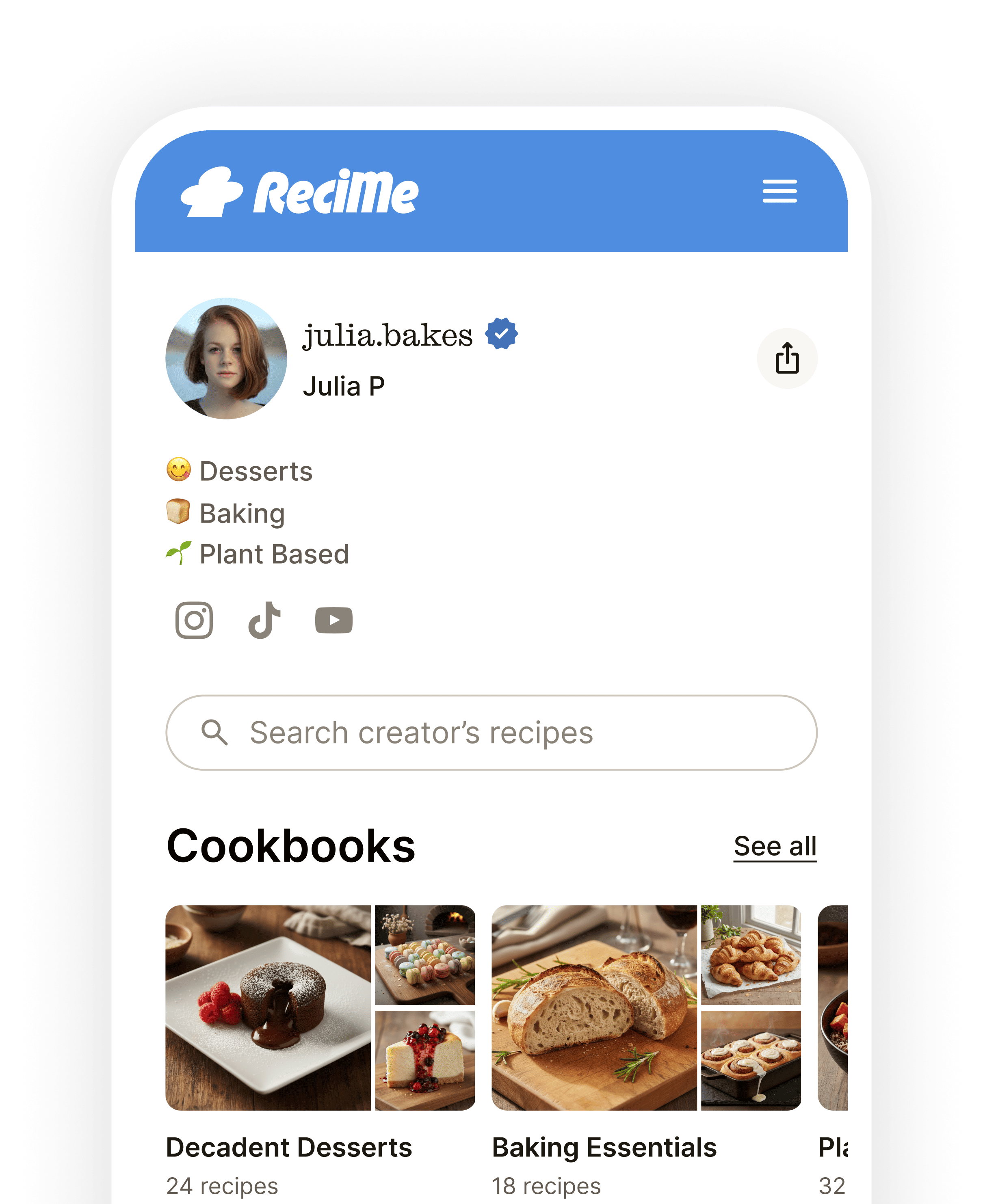 A ReciMe creator profile showing cookbooks and a recipe search